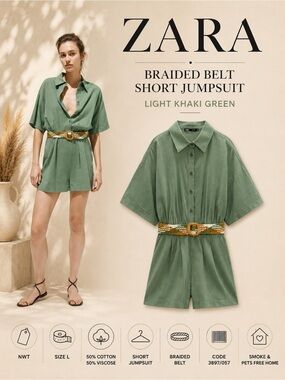 Zara Light Khaki Braided Belt Short Jumpsuit Size L NWT Cotton Viscose Romper